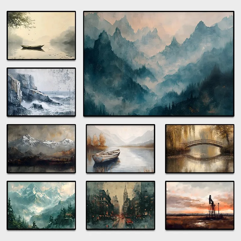 Vintage Landscape Canvas Wall Art Windmill Oil Rig Sunset Mountain Print Coastal Scenery Painting Farmhouse Living Room Decor