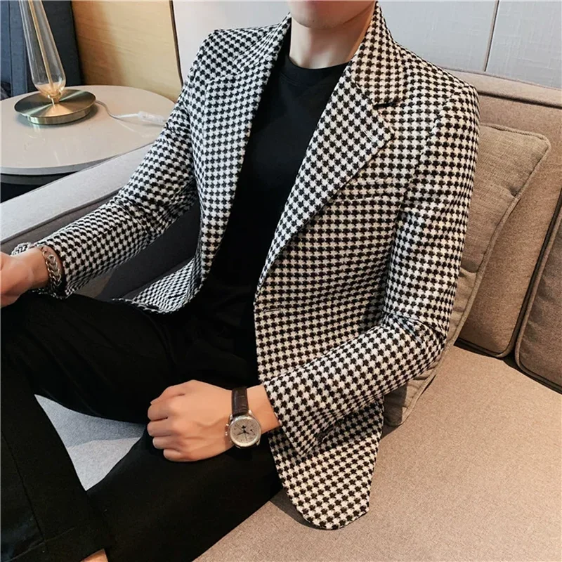 Autumn New Korean Version Thousand Bird Grid Suit Jacket Mens Simple Slim Business Blazers Coats Groom Wedding Tuxedo Suit Coats