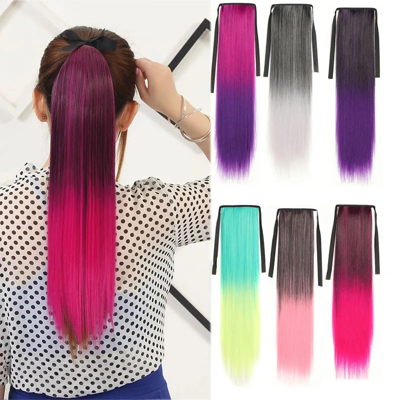 Jeedou Gerade Synthetische Pferdeschwanz Blau Rosa Rot Regenbogen Ombre Farbe Band Kordelzug Pferdeschwanz Vitalität Cosplay Haar