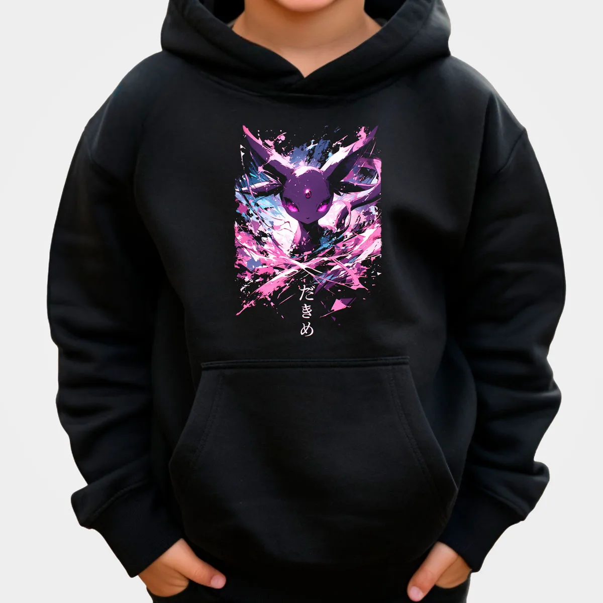 ポケモンアニメ ウンブレオン コットンパーカー ブラック、青い光る目、黄色の満月の夜の牧草地のシーンパターン、ルーズフィット