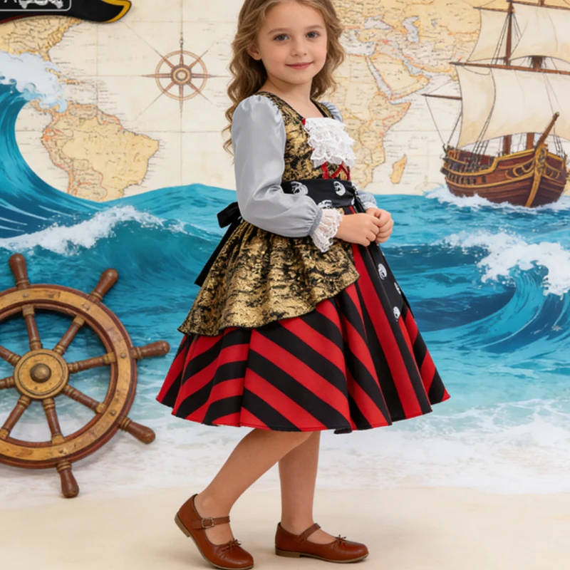 2026 Girls Carnival Ocean Adventure Theme Party Pirate Princess Dress+Hat+Eye Mask Sets For Children Cosplay Captain Costume