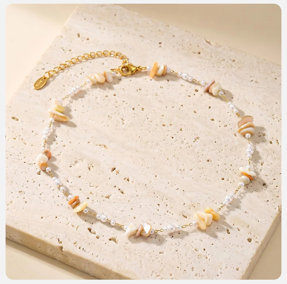 Vnox Boho Unregelmäßige Muschel-Halskette und Fußkette für Frauen, Edelstahl, vergoldet, mit Imitationsperlen, Schlüsselbeinkette, Strand-Schmuck – Detail 5