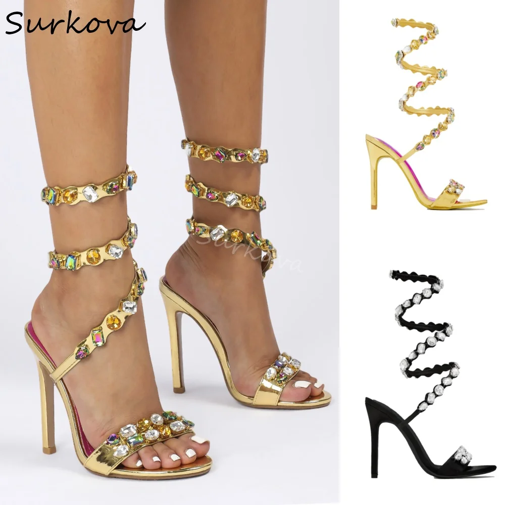 

Winding Shiny Rhinestones Sandals Women Peep Toe Stiletto Heel Solid Slip On One Word Belt Sandals 2025 New Sexy Fashion Sandals