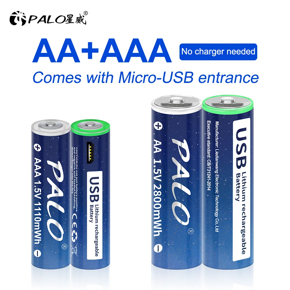 PALO USB 1.5V AAA Lithium Rechargeable Battery 1110mWh + AA 1.5V USB Rechargeable li ion battery 3600mWh for toys remote control