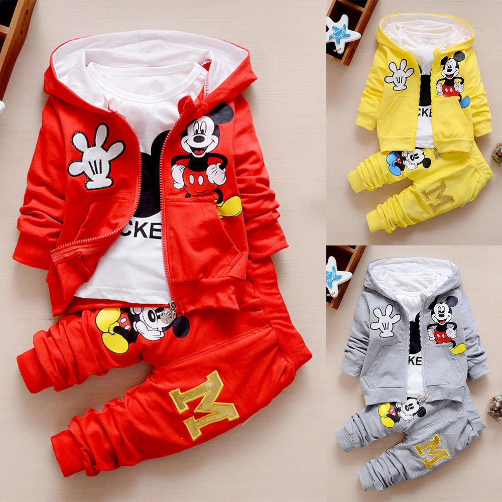 Disney 3PCS Set Mickey Mouse Children Clothing Cartoon Printed Autumn 1-4Y Toddler Outfits Casual Hooded Jacket Pants Shirt Sets