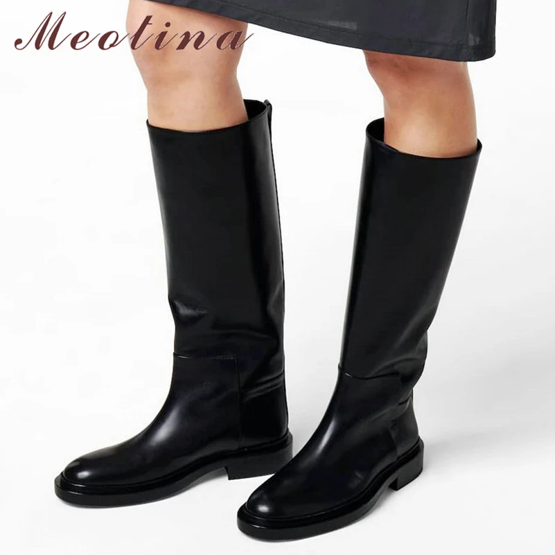 Meotina Women Genuine Leather Knee High Boots Round Toe Flat Fashion Ladies Brand Design Long Boot Autumn Winter Shoes Black 43