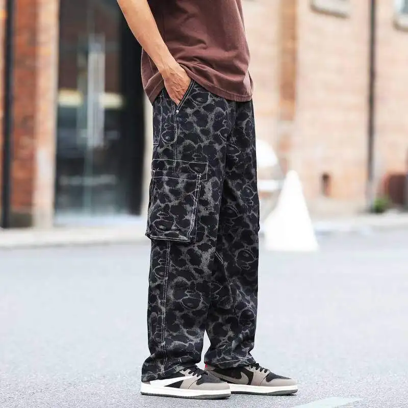 WTHT Mode Herren Leopardenmuster Taschen High Street Denim Hosen Vintage 2025, Sommer, lässig, gerade, weites Bein, Jeans männlich 2A1219