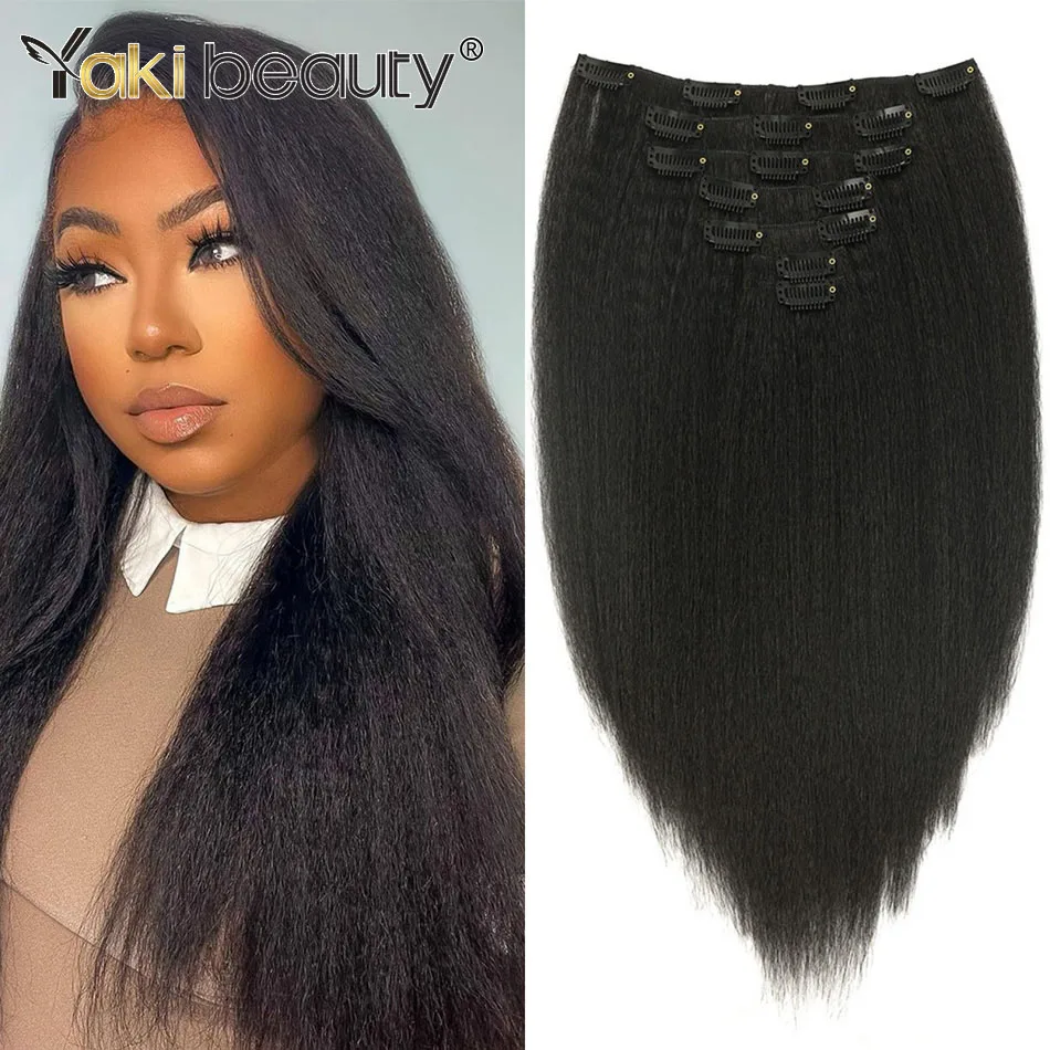 Synthetic Hair Yaki Clip In Hair Extensions 14inch Yaki Straight 7Pcs/set 16Clip-In Hairpieces Kinky Straight For Black Women