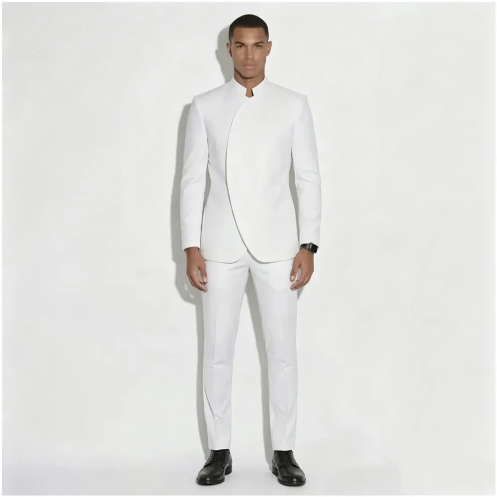 

New Arrival White Men Suits Stand Lapel Groom Wedding Prom Formal Casual Custom Male Clothing 2 Pcs Jacket Pants Costume Homme