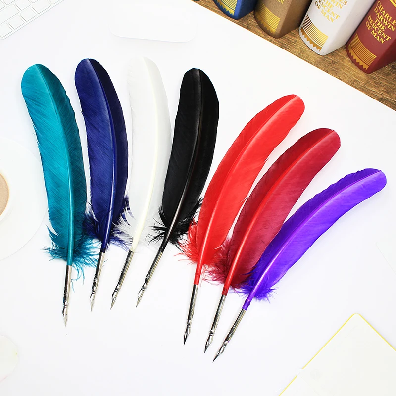 7 color Turkey Quills Retro Silver Feather Dip Pen Student Office Supplies Fountain Pen Birthday Gift