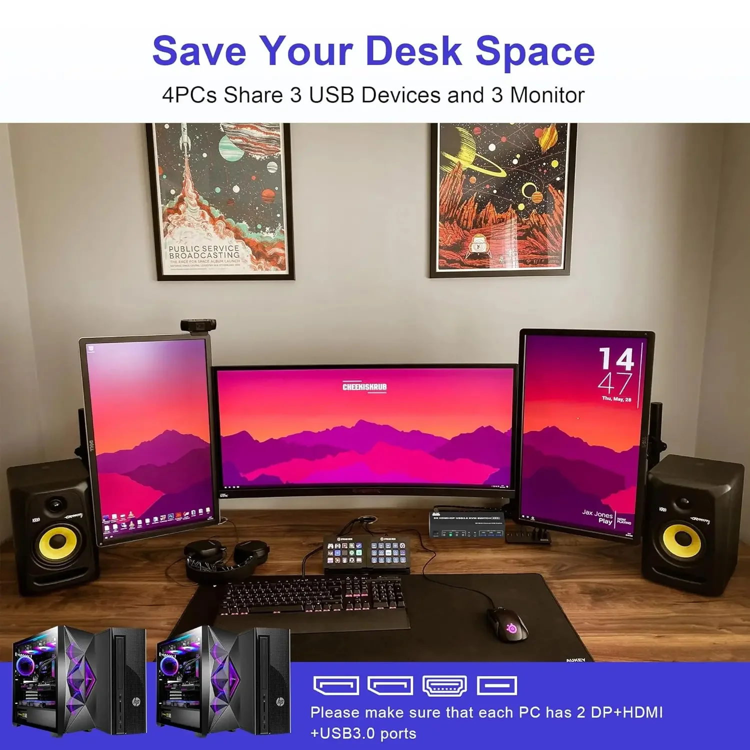 2 DisplayPort +1 HDMI KVM Switch ,8K@60Hz 4K@144Hz Triple Monitor for 4 Computer with Audio and 3 USB 3.0 Ports