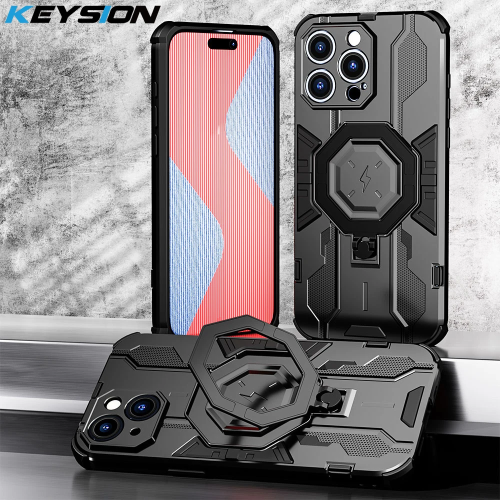 KEYSION Shockproof Case for MagSafe for iPhone 15 Pro Max 15 Plus Ring Stand Camera Protection Phone Cover for iPhone 14 Pro Max