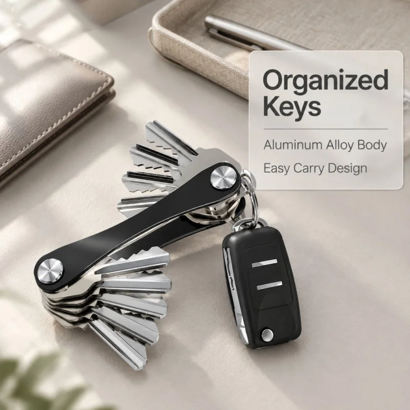 Expandable aluminum key organizer with extension kit, ultra-thin portable key holder, unisex silent compact key clip, accommodat