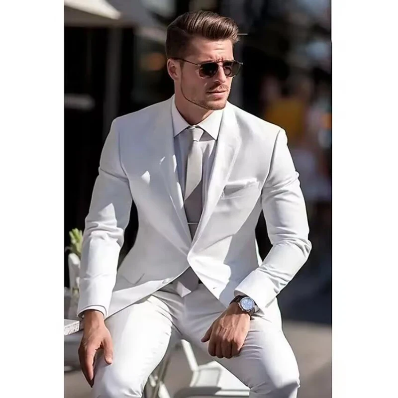 

Elegant White Men Suits Single Breasted Notched Lapel Slim Fit High Street Wedding 2 Piece Jacket Pants Sets Costume Homme Tenro
