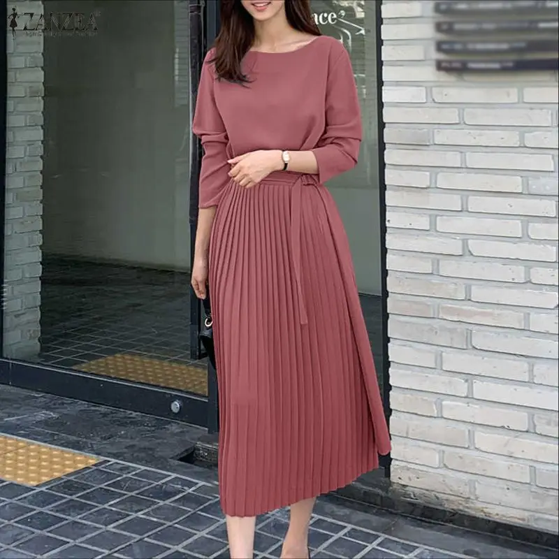 ZANZEA 2025 فساتين قميص طويلة أنيقة للخريف بأكمام طويلة فساتين نسائية عصرية بطيات غير رسمية فضفاضة وشاحات رداء الحفلات #1