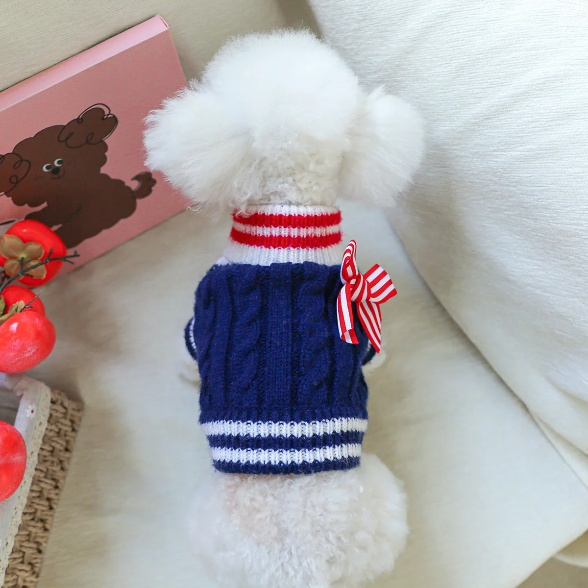 Suéter de cuello alto para mascotas, suéter de punto a rayas para otoño e invierno, abrigo azul marino con lazo para perro y gato, ropa de Navidad para perros, ropa para cachorros