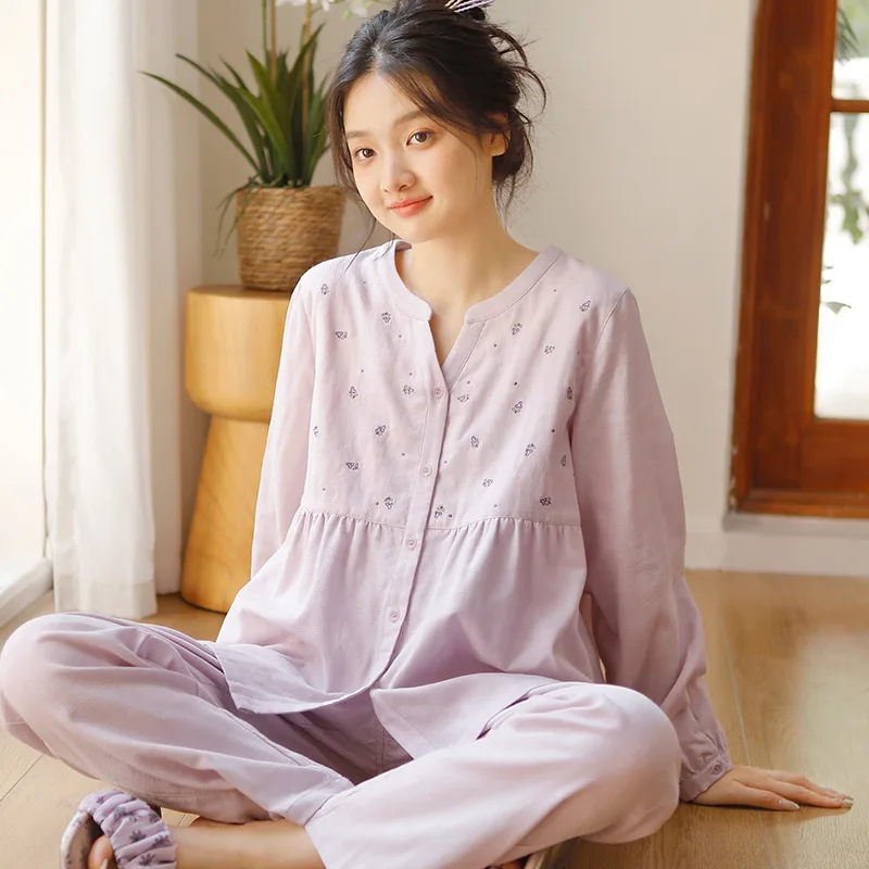 2026 New Autumn Women Pure Cotton Pajama Set Sweet Embroidery Notch Long Sleeve Loose Loungewear Soft Skin Friendly Sleepwear