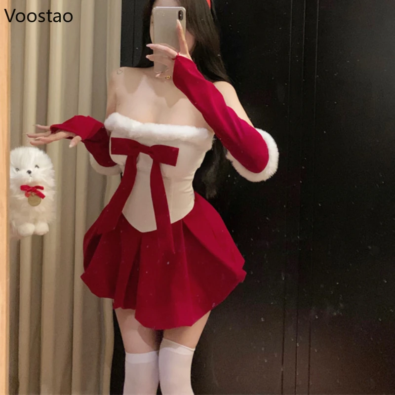 Sweet Lolita Red Christmas Dress Women Sexy Plush Patchwork Off Shoulder Bow Party Mini Dress Female Korean Slim A-Line Dress