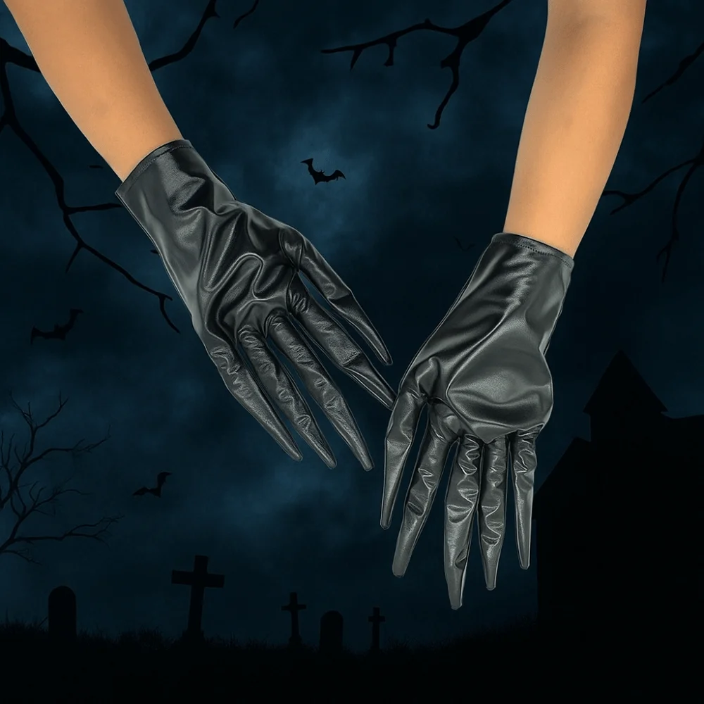 Funny Slender Fingers Halloween Gloves Short PU Leather Ghost Claw Mittens Black Performance Prop Cosplay Costume Gloves Adult