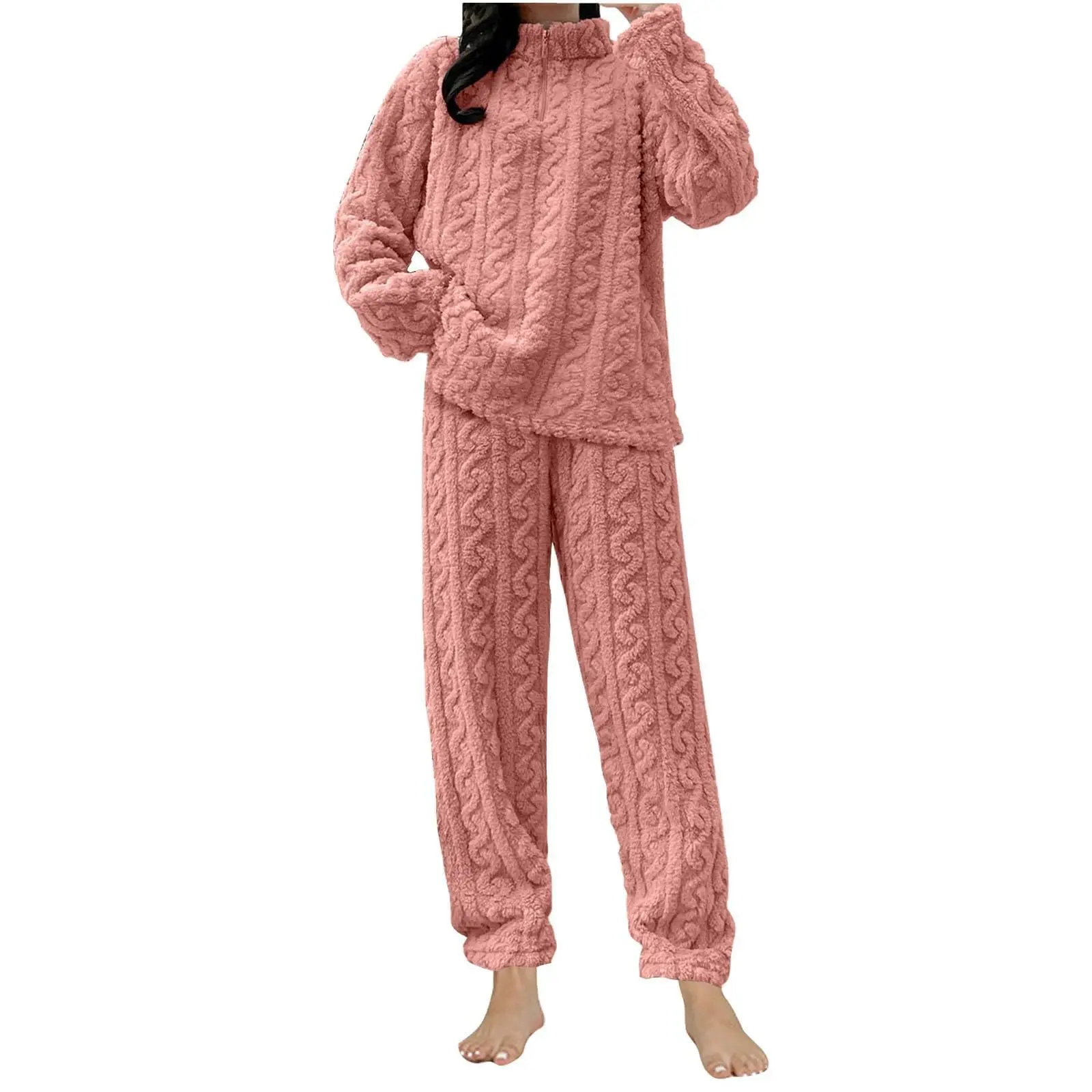 

2 piece Set Thickened Warm Fashion Coral Velvet Pajamas Autumn Winter Padded Ladies Casual Elastic Striped Comfortable Homewear