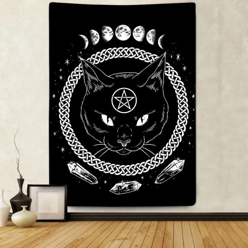 VIKAMA Black Cat Pentagram Moon Phase Wall Tapestry Crystal Witchy Home Decor Durable Thick Soft Cozy Aesthetic Gift Washable