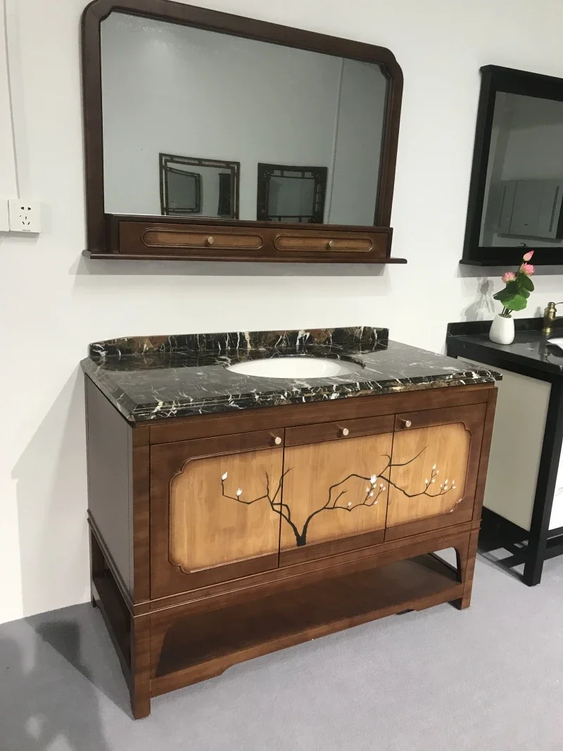 Nuovo mobile da bagno cinese dipinto con pavimento in legno massello, lavabo per il viso, mobile da bagno mediterraneo dipinto a mano