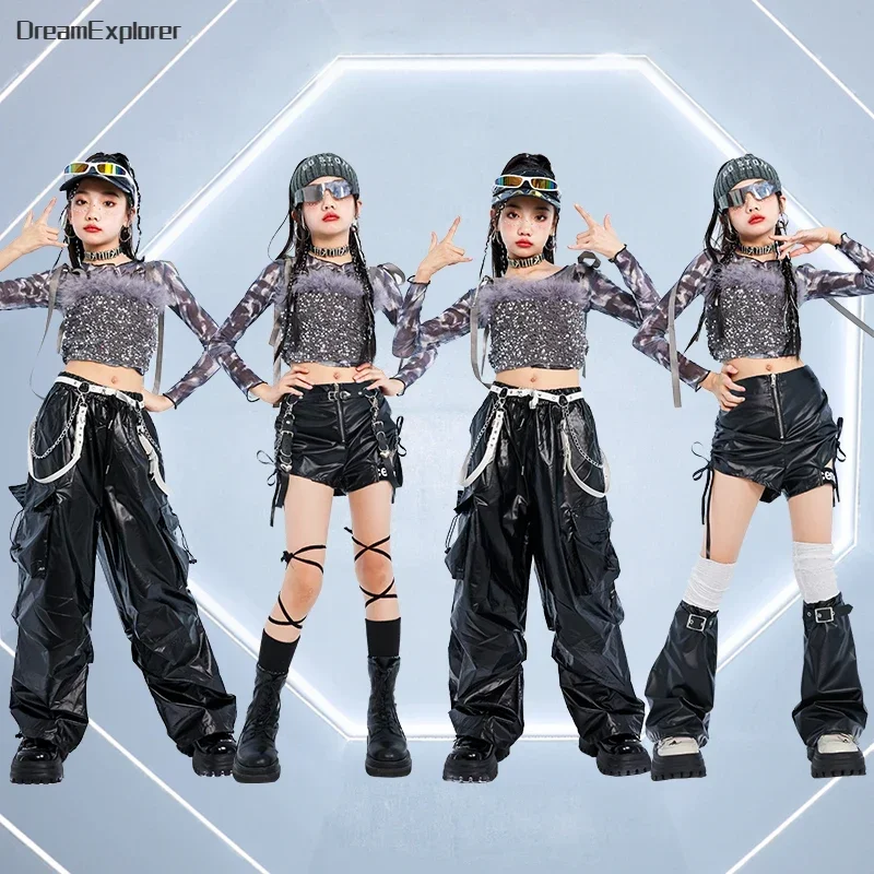 Hip Hop Girls K-pop Sequin Crop Top Street Dance Pu Leather Pants Kids Streetwear Shiny Shorts Child Jazz Costumes Clothes Sets