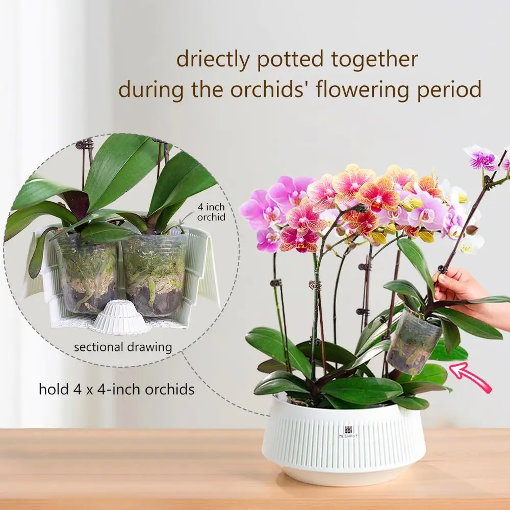 Meshpot Orchid Pot with Holes & Saucers Plant Pots for Indoor and Outdoor ,Wind-Worn Texture Cutout Promoting Air Circulation - view 3