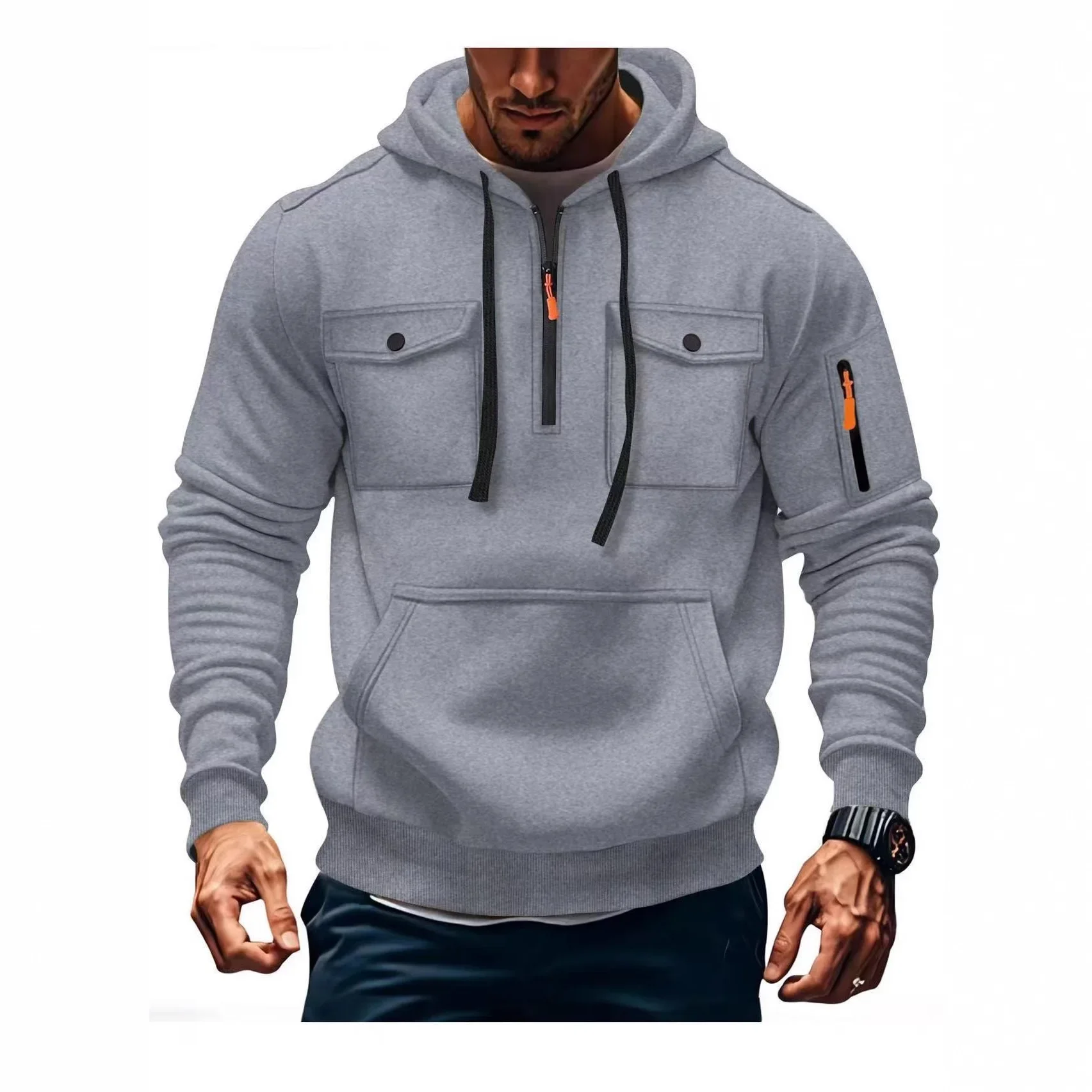 Winter Warm Fleece Lined Men's Hooded Sweatshirt with Zipper Pockets Long Sleeve Sportswear