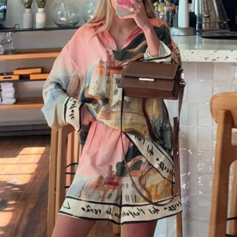 

Elegant Loose Commute Two Piece Women Sets Casual Pattern Print Long Sleeve Shirt & Shorts Suits Fashion Single Breasted Outfits