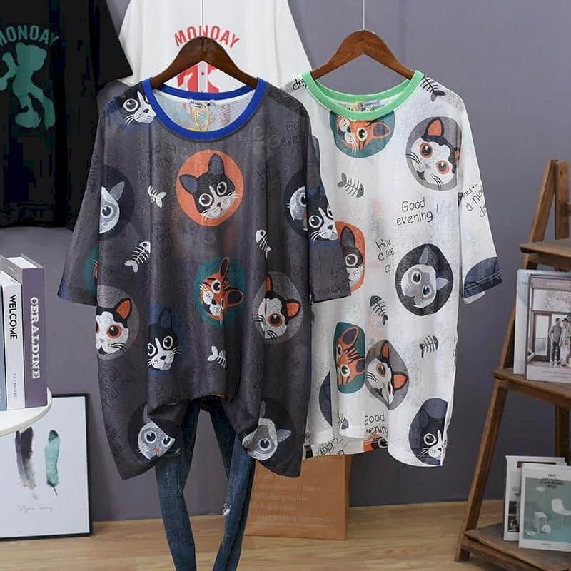 

T-shirts for Women Knitted Ice Silk Gothic O-neck Sunscreen Tops Oversized Casual Korean Style Smock Half Sleeve Summer Clothes