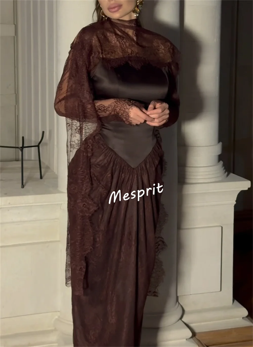 Customized Charmeuse Lace High Collar Sheath Long Dresses Bespoke Occasion Women's Evening Party Gown Charming Modern Style