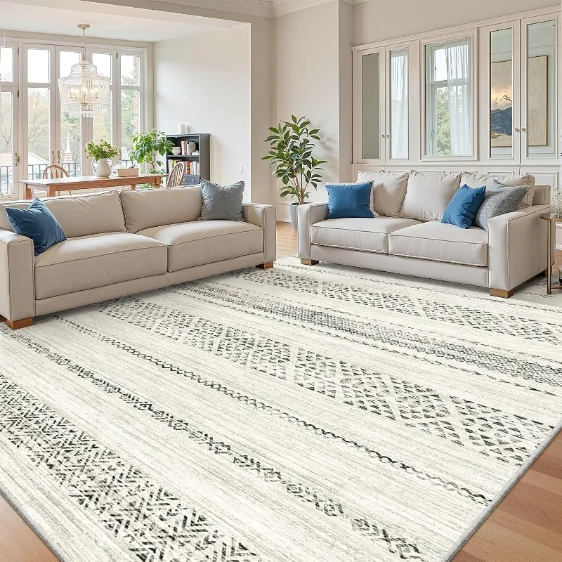 Boho Vintage Stripe Geometric Carpet for Living Room Nordic Off-white Ethnic Style Rug Non-Slip Machine Washable Floor Mat