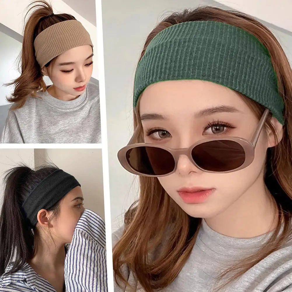 Simple Solid Color Knitted Wide Headband Women Sports Ear Winter Korean Vertical Head Wool Hairbands INS Warmer Cover Strip J4L2