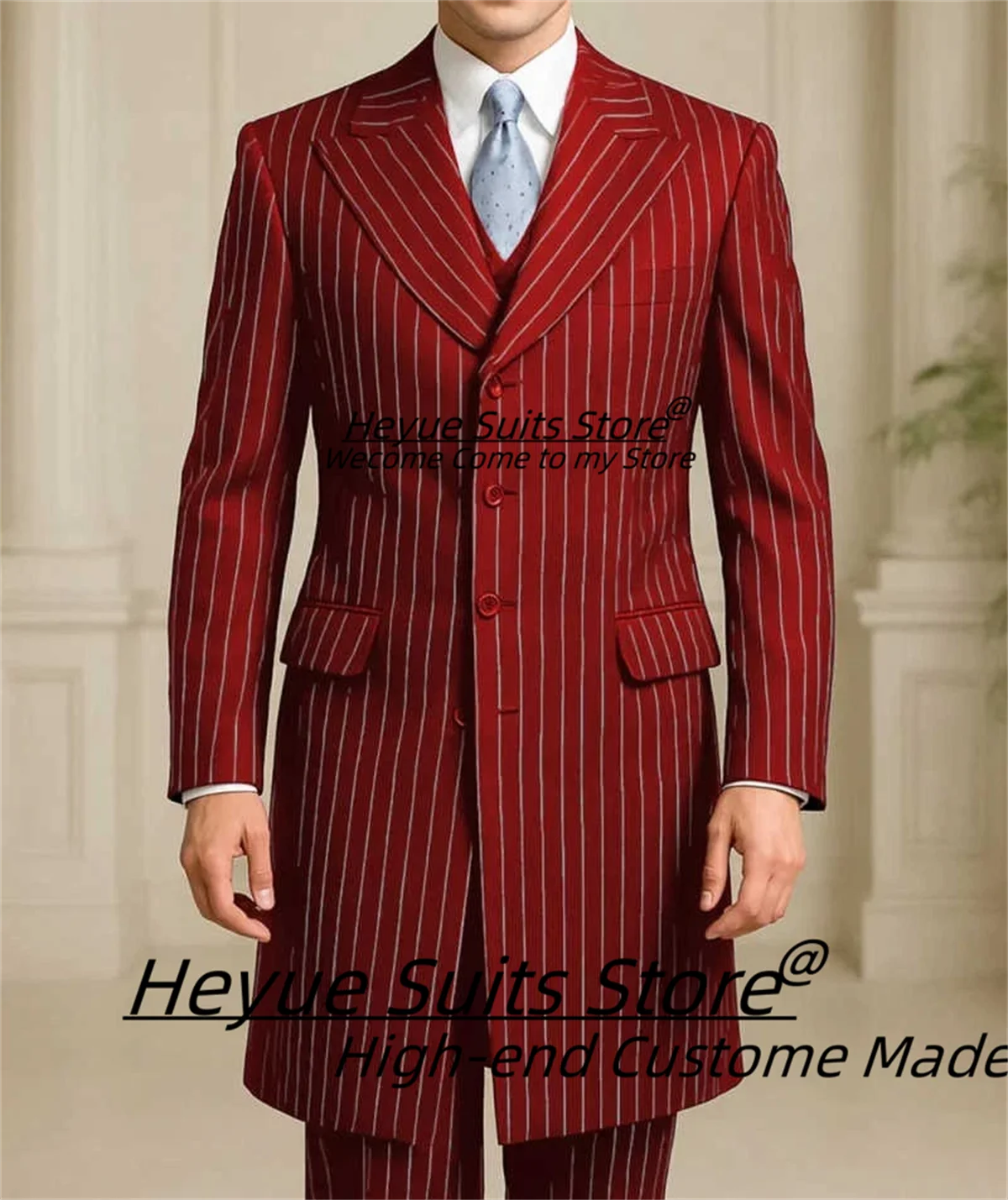 Business Formal Stripe  Men Suits Customized Slim Fit Long Groom Wedding Tuxedos 3 Pieces Sets Male Party Blazers Costume Homme