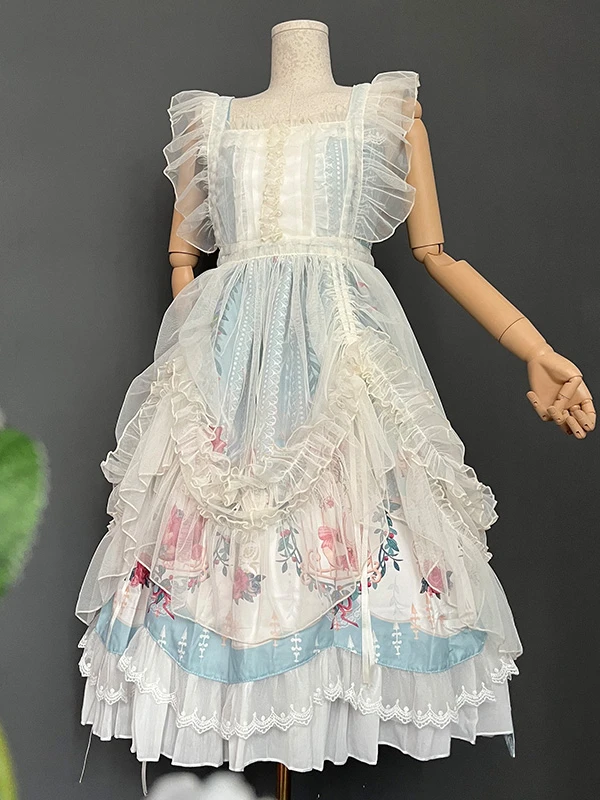 Ruffled Lolita Apron Sheer Mesh Cover-up Dress Sleeveless Shoulder Strap, Cover Skirt, Sweet Dress for Women