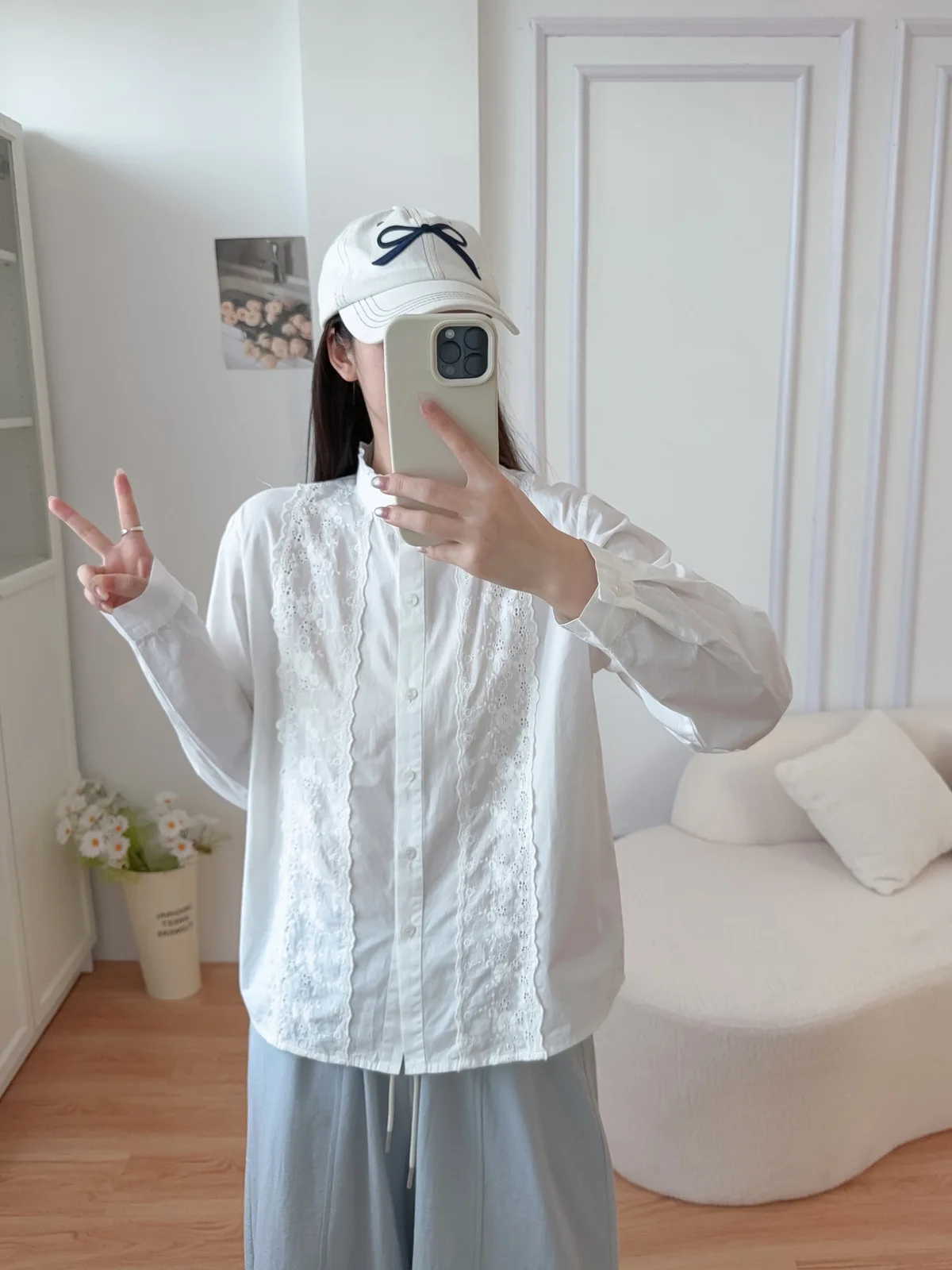 جديد 2025 الخريف قميص قطني بكم طويل ، المرأة الوقوف التطريز ، موري فتاة الفرنسية تنوعا تخفيف شيك بلوزة فضفاضة T59684CC