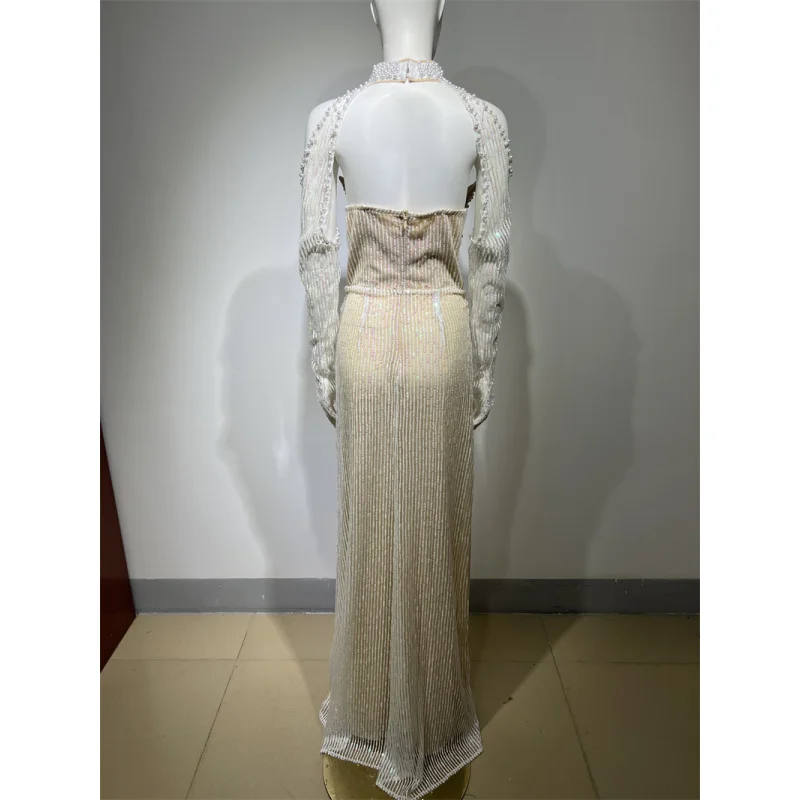 2025New Arrival Beaded Sequin Sexy Sheer High Slit Long Sleeve Dress Engagement Party Evening Gown