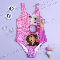 MINISO Girl Summer One-Piece Swimsuit Fashion Cartoon Gabby Dollhouse sequin Series Print Women Swimwear Sleeveless Clothing