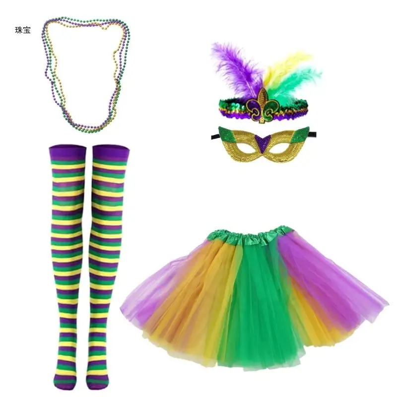 X5QE Mardi Gras Celebration Costume Set Headband Masquerade Mask Festival Supplies