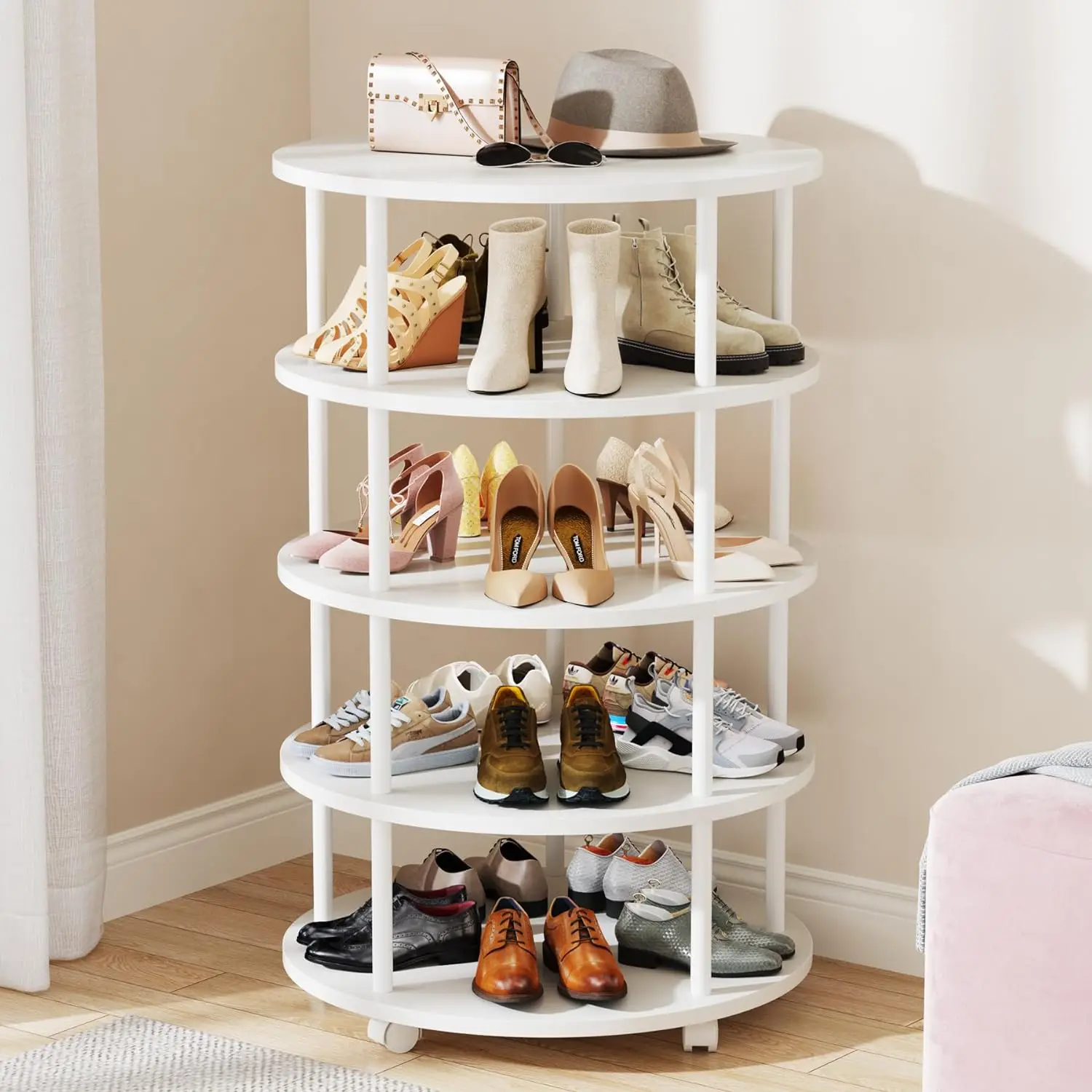 Rotating Shoe Rack, 5-Tier Revolving Shoe Storage, Modern Free Standing Spinning Shoe Organizer, Lazy Susan for Entryway Bedroom