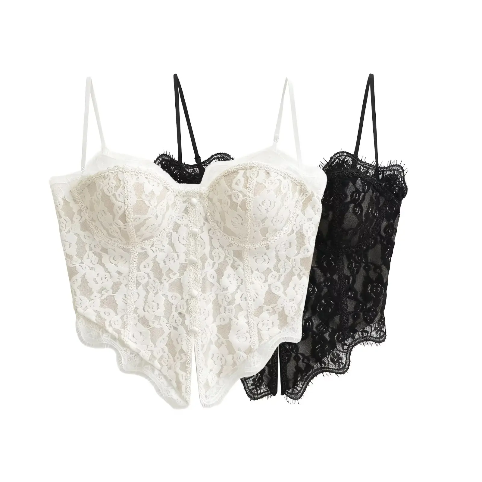 Sexy Slim Fit Lace Crop Top Irregular Strap Women's Casual Breathable Short Length Button Closure Pure Color Outerwear