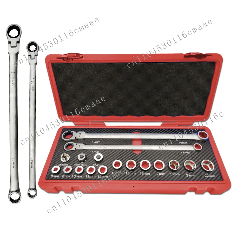 17 extra-long flex-head ratchet-etched wrenches with sleeve set, cr-v steel, 14mm, 19mm wrenches and 12-piece sleeves