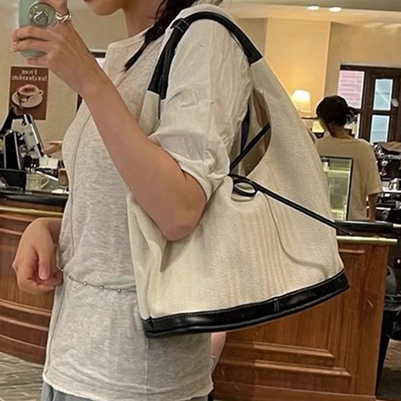 Korean Canvas Commuter Tote Bag For Women Casual Luxury Designer Underarm Shoulder Handbags Large Capacity