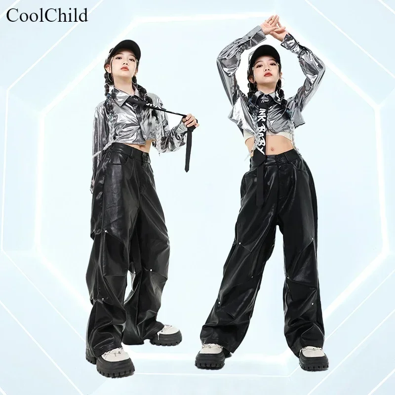 Girls K-pop Silver Crop Shirt Street Dance Leather Pants Boys Hip Hop Cool Jacket Clothes Set Child Kids Jazz Fashion Streetwear