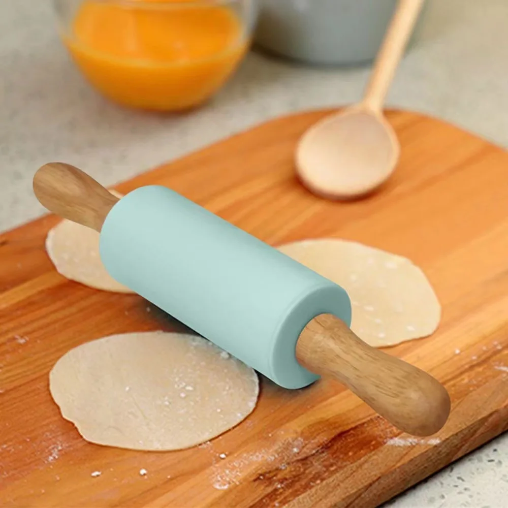 Rodillo de silicona antiadherente con mango de madera, herramienta de cocina para hornear Pasta, masa de galletas