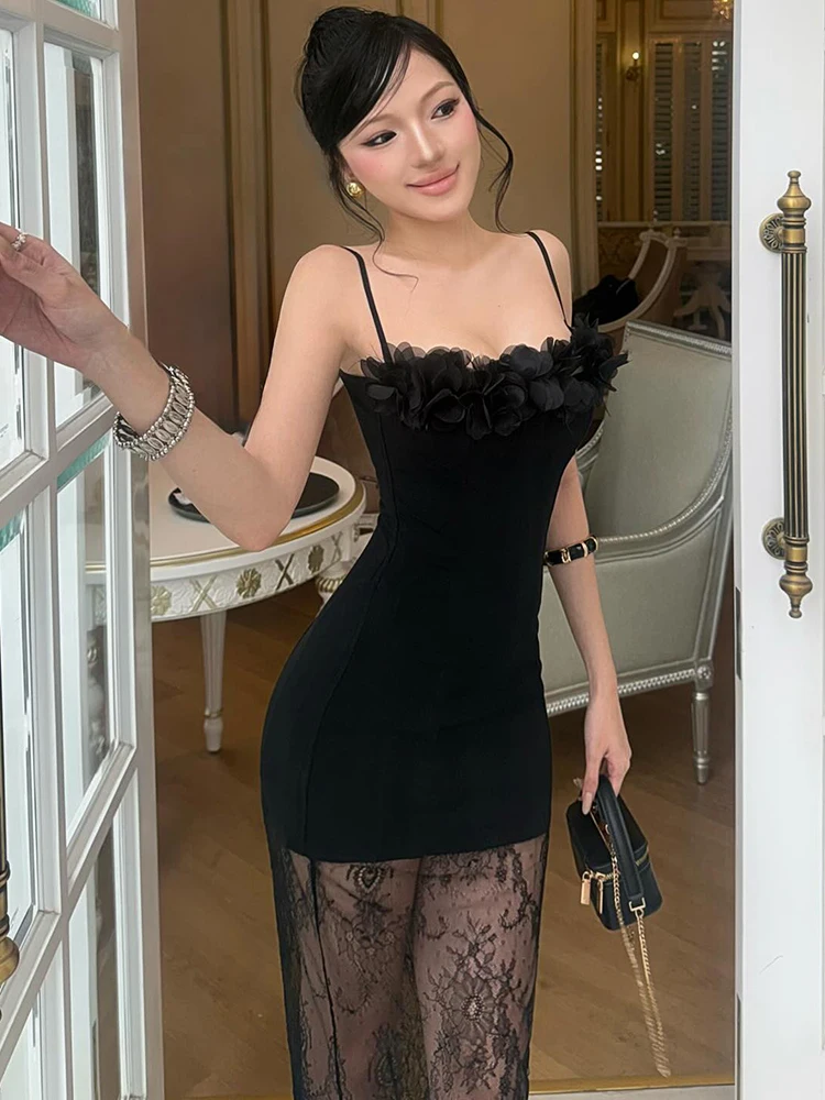 Nibber See Through Zoom Jurk Dames Kant Patchwork Chique Appliqué Mouwloos Jacquard Elegant Trend Prom Party Sexy Club Bodycon