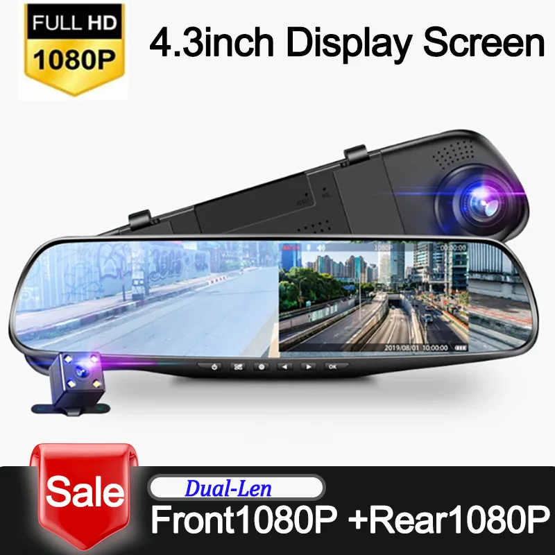 4.3Inch Mirror Car DVR 1080P Video Recorder Dash Cam for Cars Front and Rear View Camera Night Vision Car Camera Car Assecories