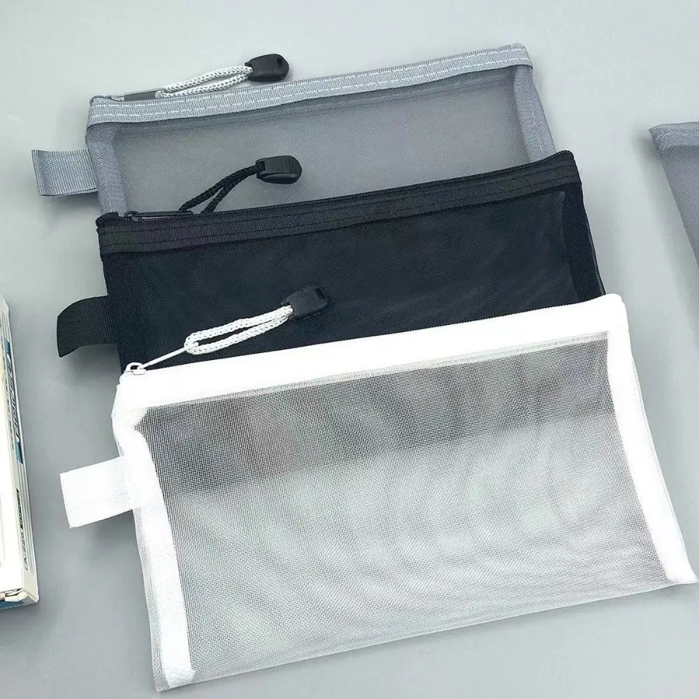 Kotak Pensil Ritsleting Transparan Nilon, Kantong Rias Ritsleting, Tas Alat Tulis Transparan, Tas Perjalanan Warna Solid, Tas Penyimpanan Kosmetik Jala