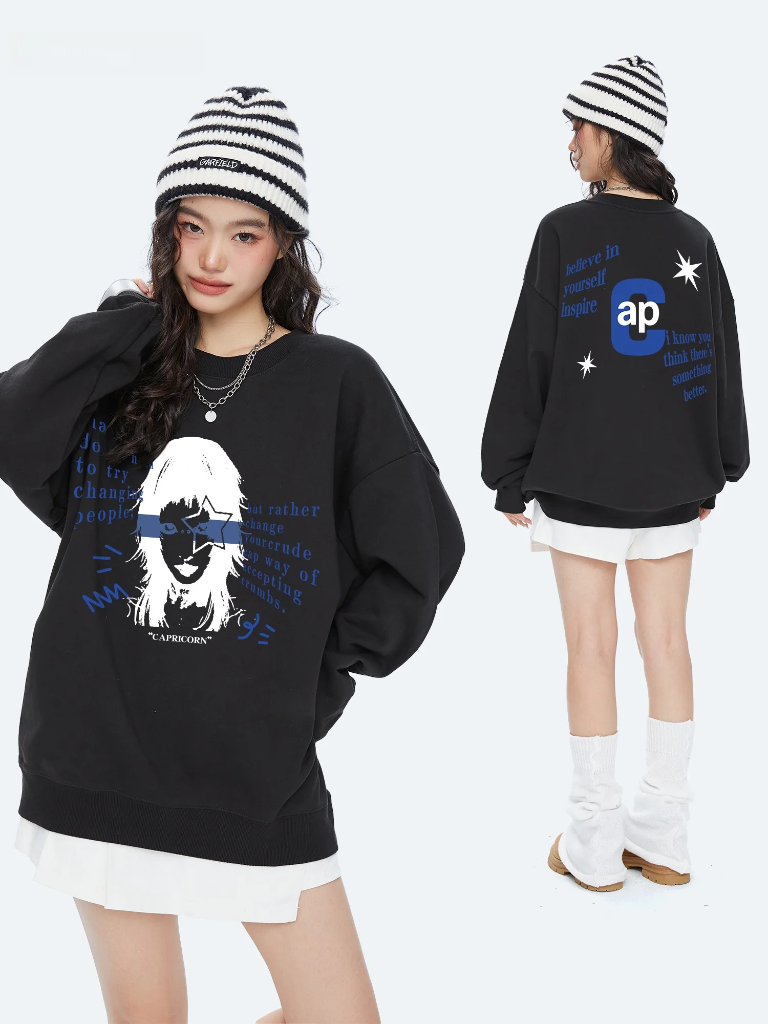 Capricorn American Retro Letter Portrait round Neck Sweatshirt Women's New 2026 Fleece Lined Loose Top Korean Style Long Sleeve